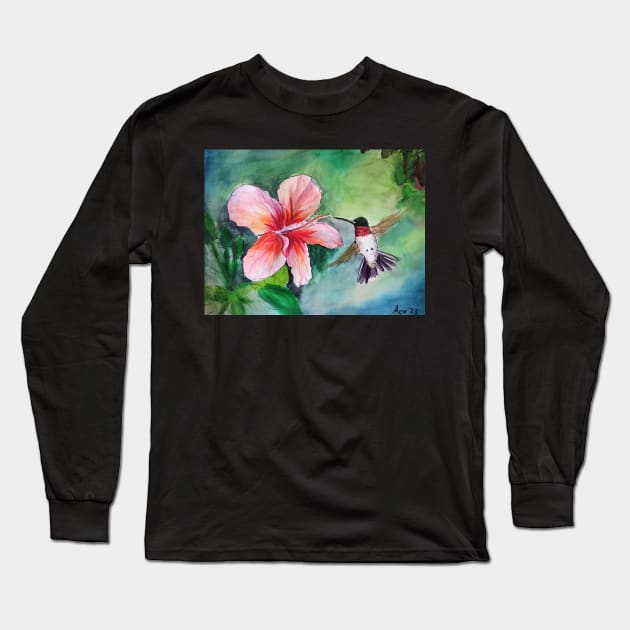 Ruby Throated Hummingbird and Hibiscus Flower Long Sleeve T-Shirt by julyperson